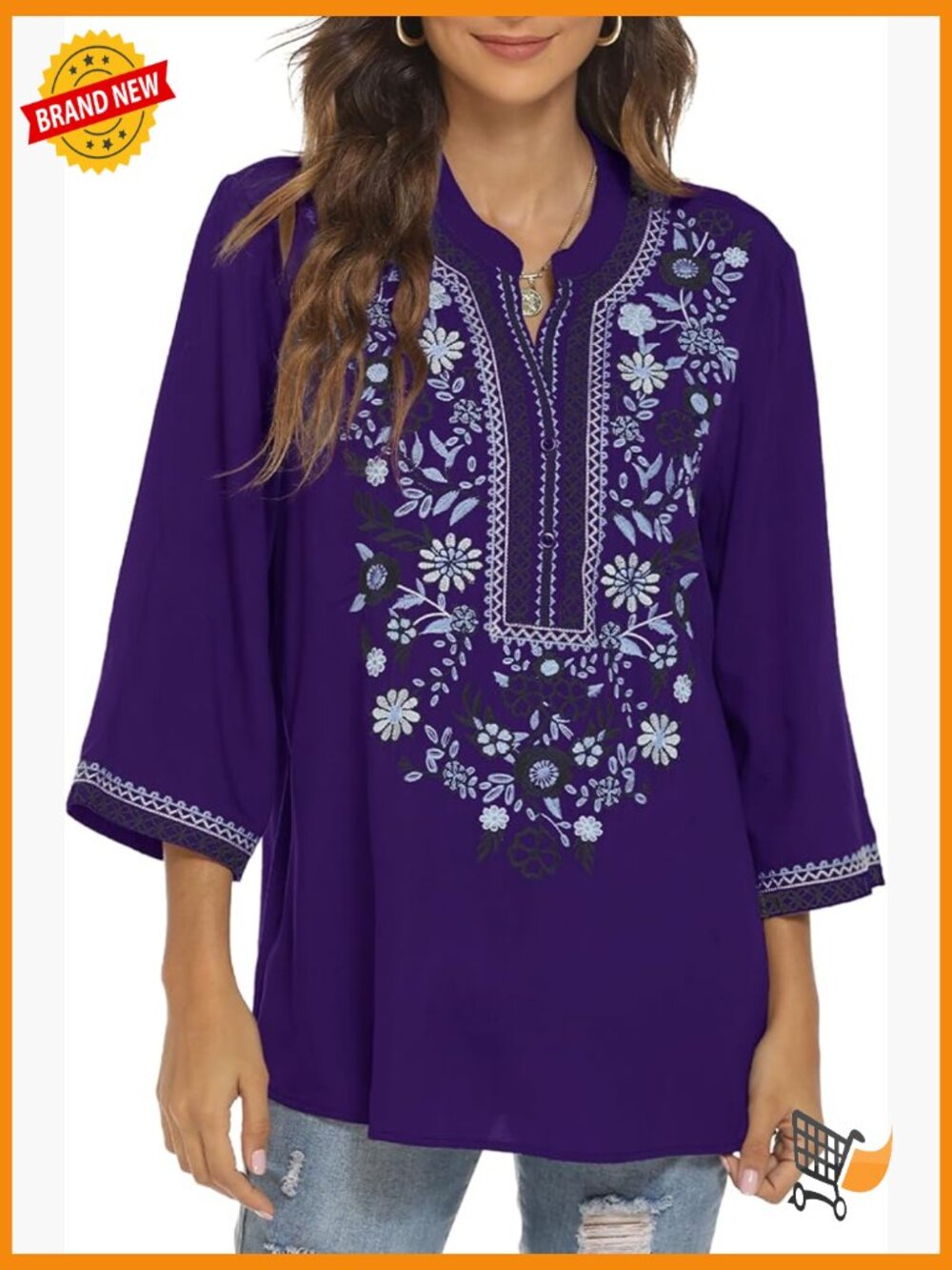 3/4 Sleeve V Neck Embroidered Peasant Tunic Blouse Boho Top
